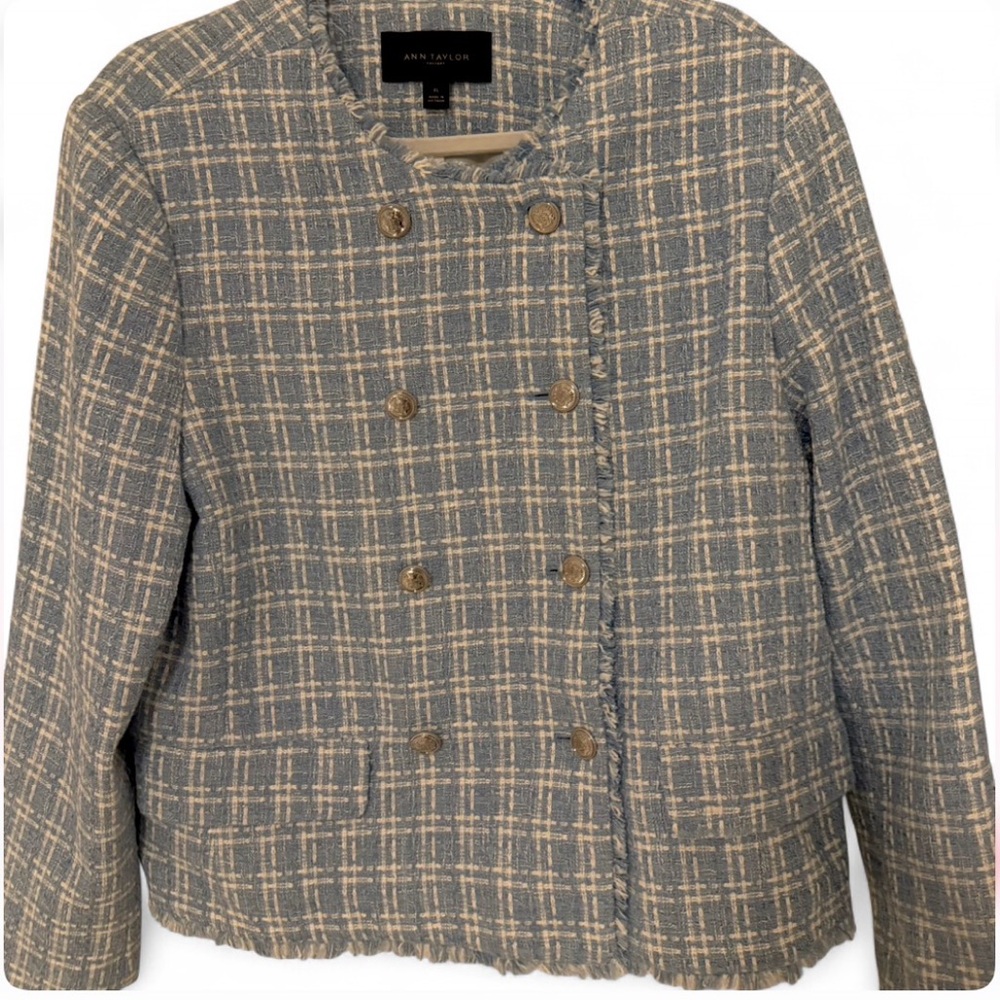 Ann Taylor Blue and Cream Plaid Tweed Double-Breasted Jacket